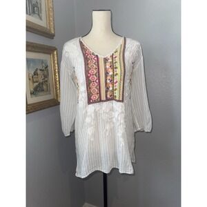 Johnny Was Embroidered Tunic Boho Top Small Bohemian Peasant Resort Chic Blouse